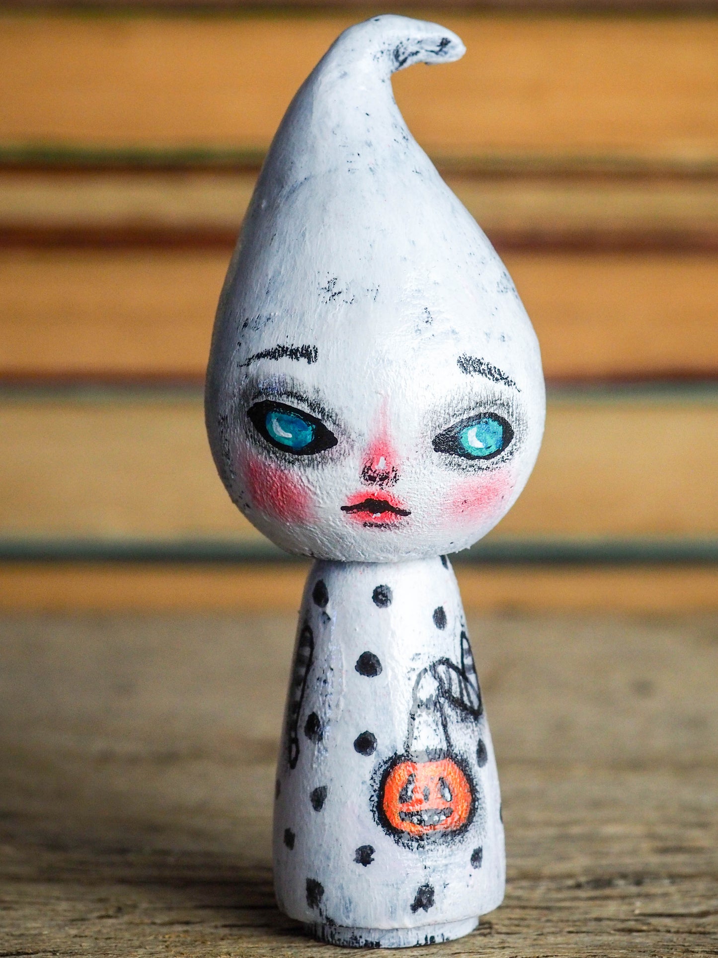 KAREN THE GHOST - Original hand made Kokeshi wood peg Halloween art minifig doll by Danita, Miniature Dolls by Danita Art