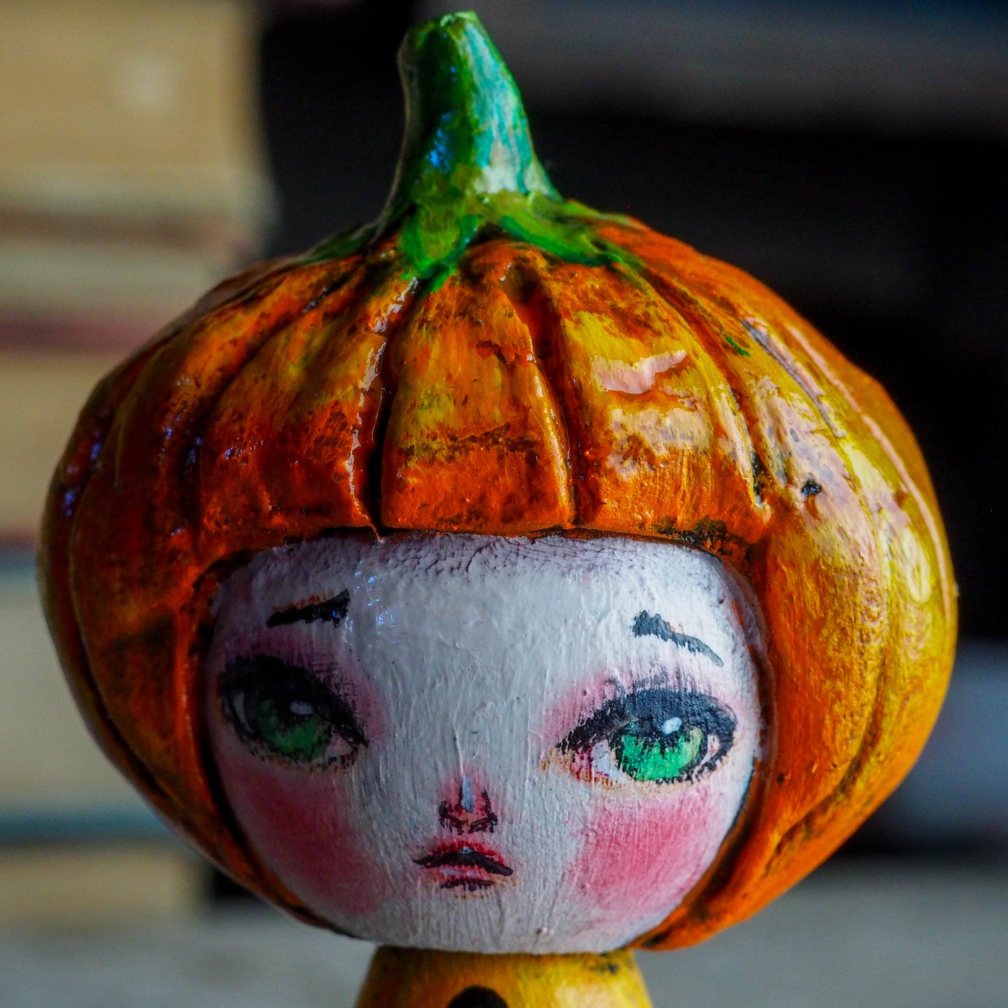 Danita original wooden kokeshi art doll. Home decor Halloween pumpkin jack-o-lantern girl mini figurine, perfect to decorate desks and shelves. Collectible items from Danita!