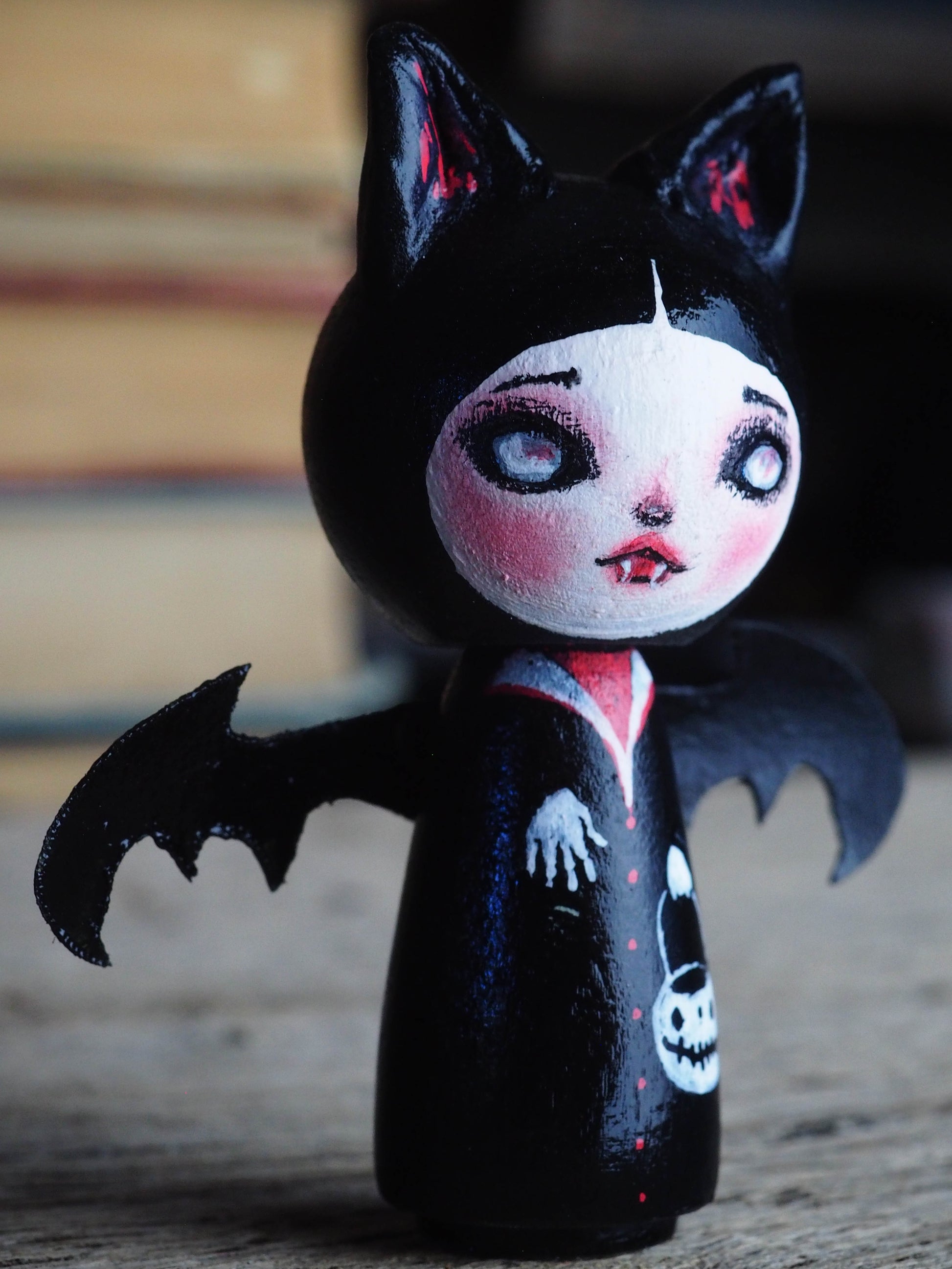 HANNAH THE VAMPIRE BAT - Danita Halloween hand made minifig. A Kokeshi wood peg doll handmade by Danita, Miniature Dolls by Danita Art