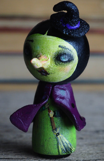 THE WICKED WITCH - Danita Halloween hand made minifig. A Kokeshi wood peg doll handmade by Danita