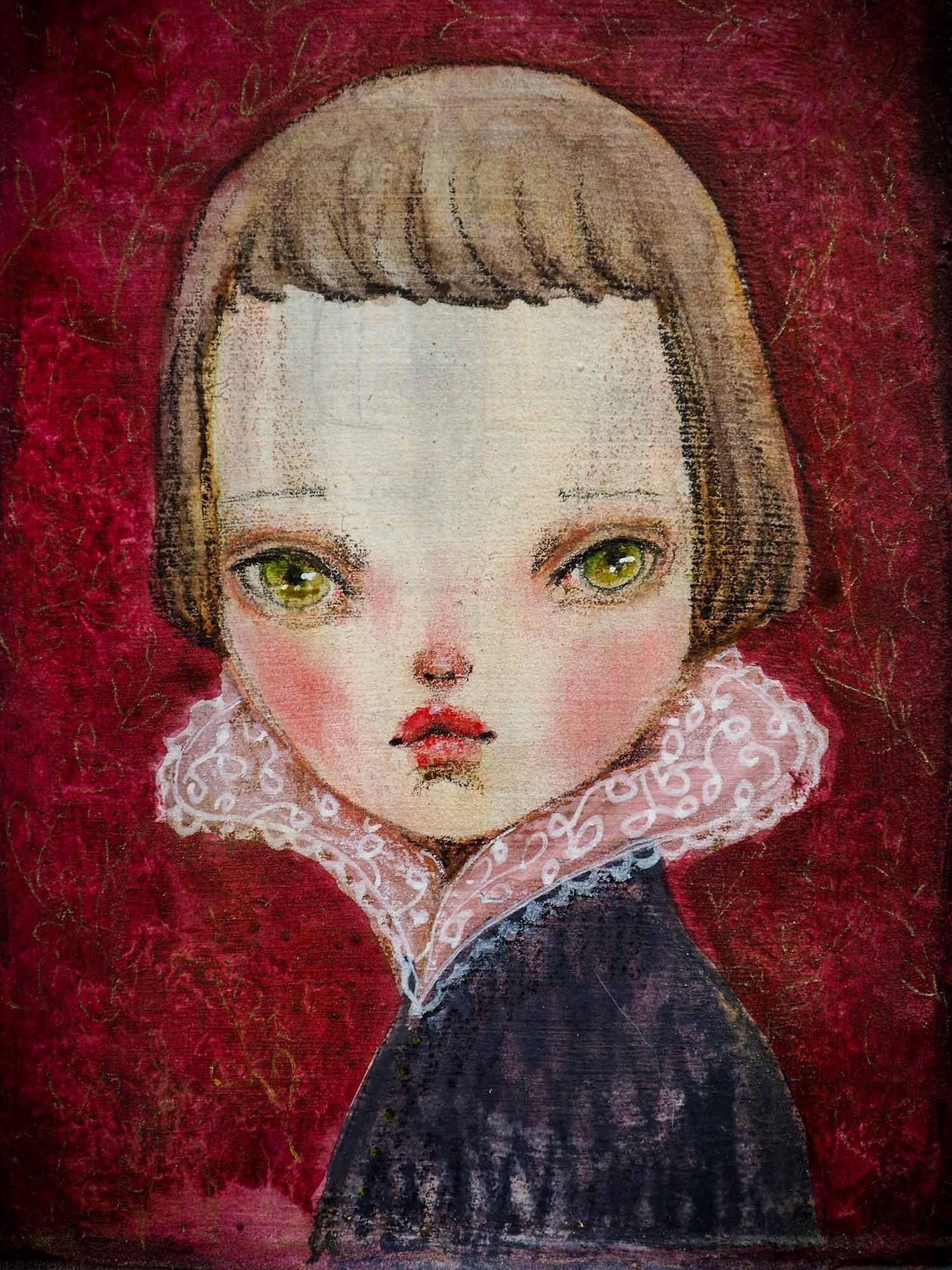 An original watercolor painting by Danita Art. Royal woman portrait with green eyes in watercolor over metal by Mexican mixed media painter and doll maker Danita.
