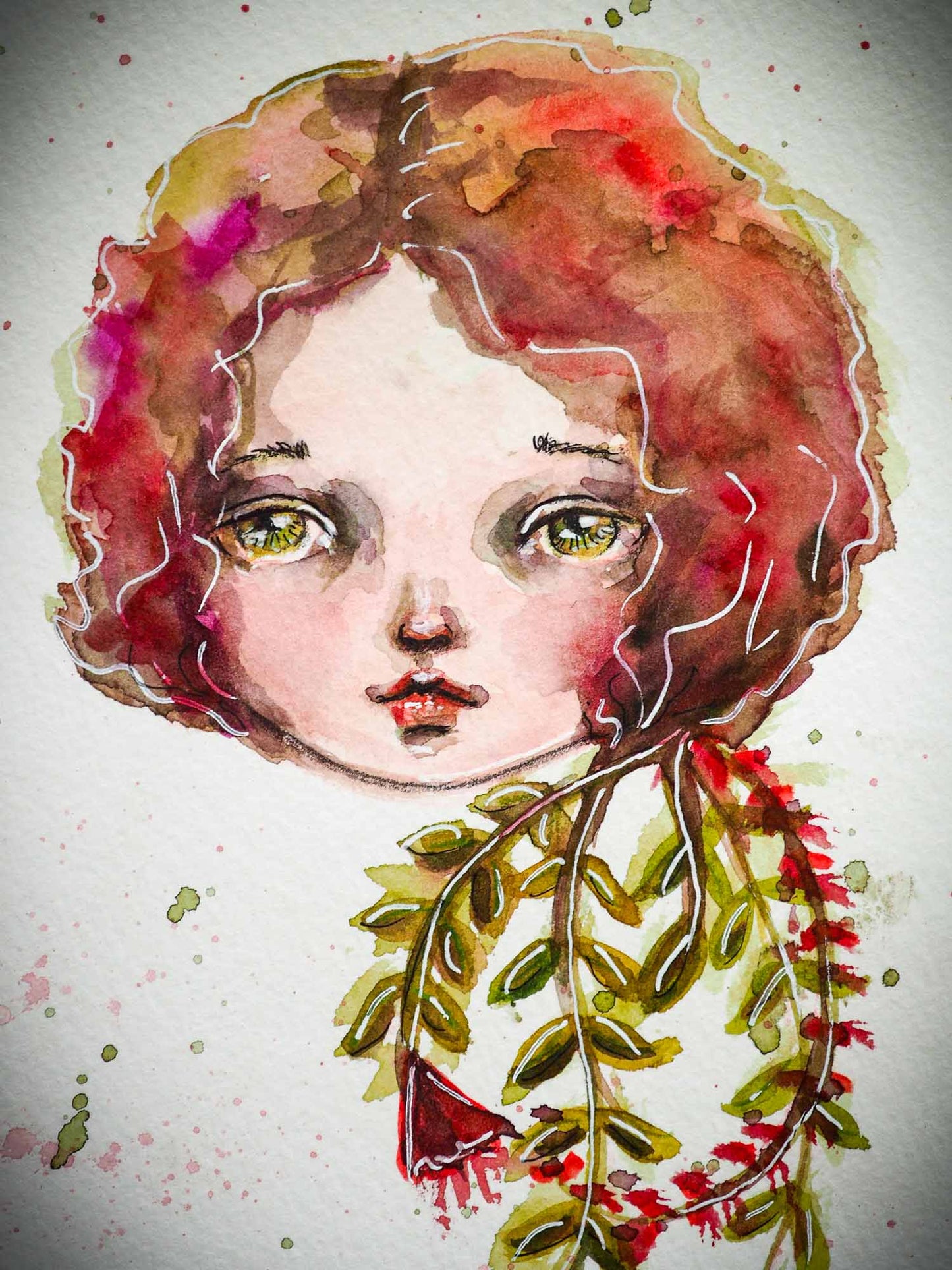 Watercolor on paper original painting by Danita Art. A blooming rose has the face of a green eyed girl as she open her hair petals and hair.