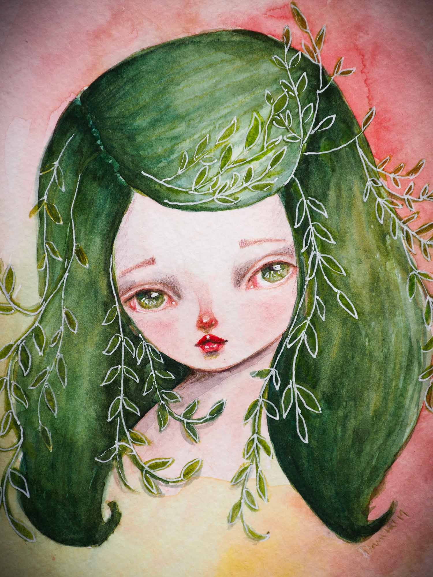 MOTHER OF PLANTS, a fantasy inspired watercolor painting on paper by Danita Art. This girl has leaves in her hair and earth tones that will match nicely a home full of plants and nature. By Danita Art.