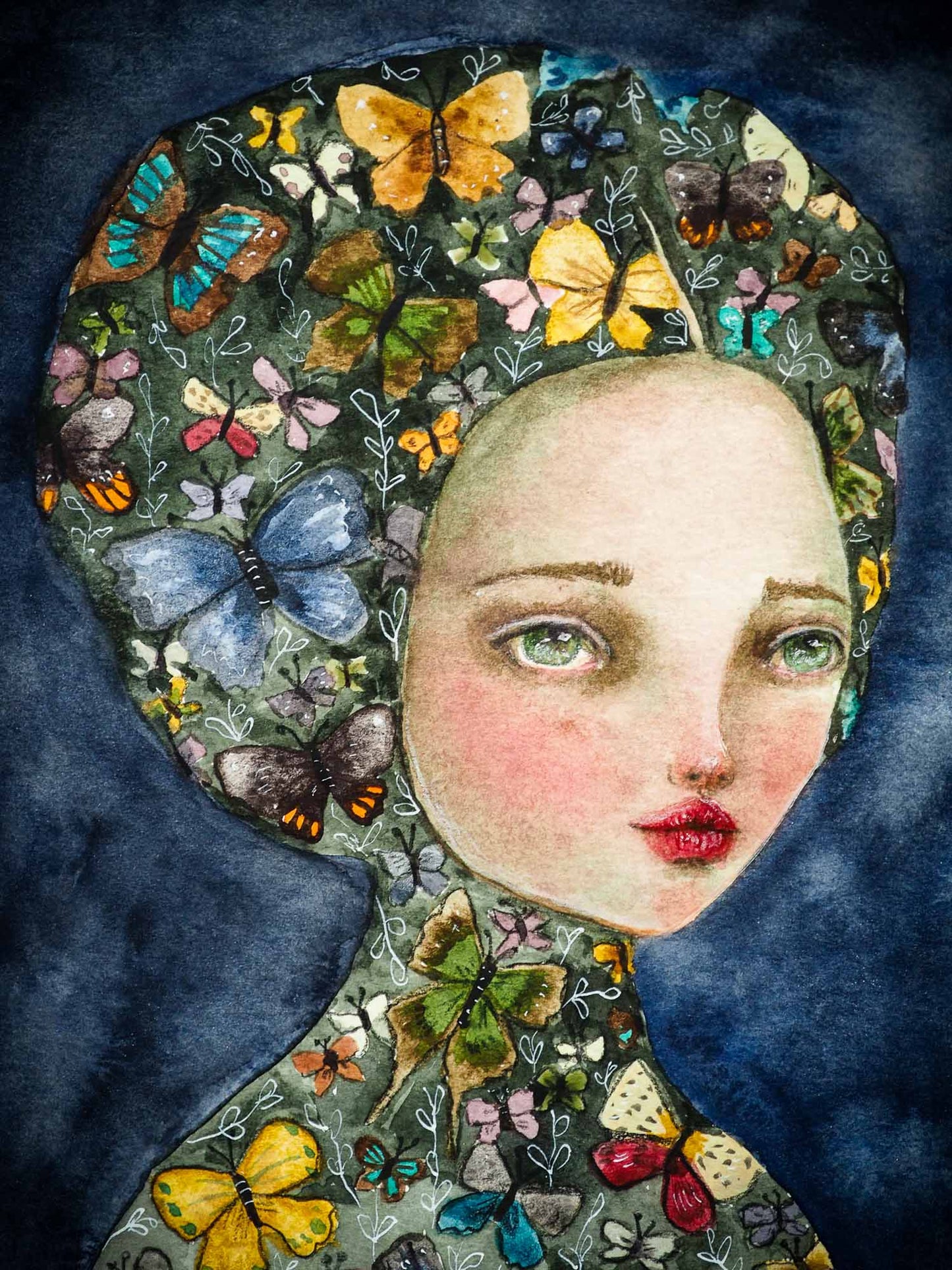 original watercolor covered woman illustration by Danita Art. Made on sturdy professional watercolor paper, it's a surreal image that will be the highlight of your Danita fine art collection.