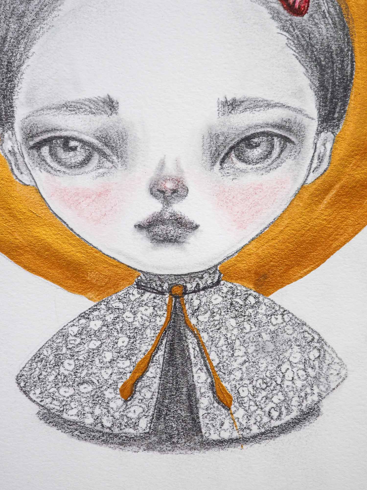 Original mixed media illustration in Pencil, watercolor, gouache and ink by Danita Art. A beautiful girl with deep mesmerizing and expressive eyes has a red butterfly perched on her head like a brooch.