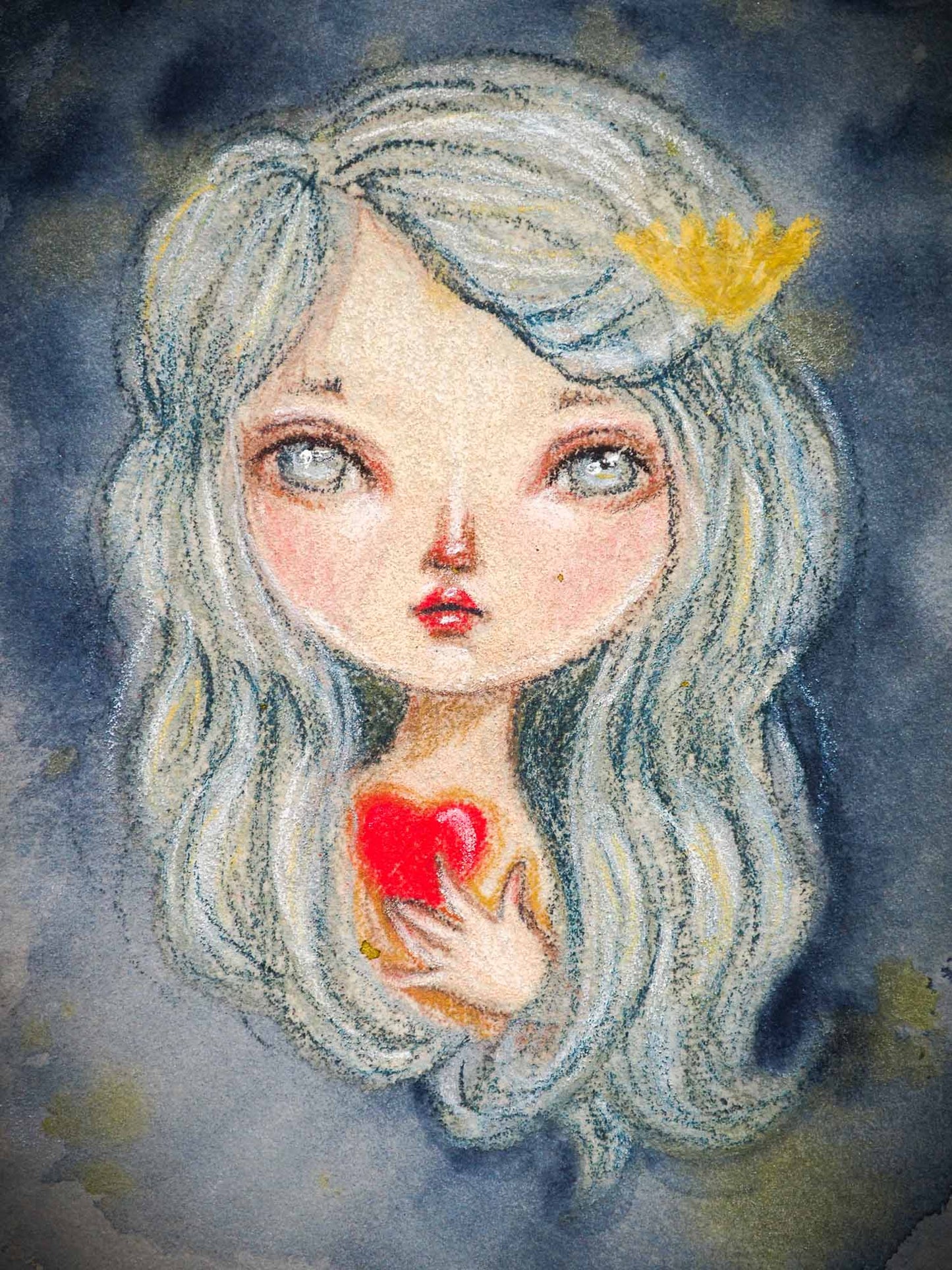 Original Mermaid color pencil and watercolor illustration on hand made paper by Danita Art. A beautiful drawing in colored pencil features fantasy art mermaid and siren with a red heart in her hands by Danita Art.