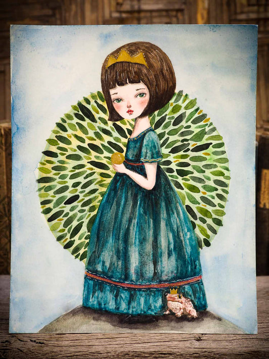 Danita made this beautiful watercolor illustration for her book EVER AFTER in collaboration with Tam Laporte, and now it is available to go to her forever when you adopt this watercolour painting. Made on a 9x12 inches watercolor paper, Princess Tiana is holding her gold ball in her hands, ready to play in a round tree while the faithful frog awaits to retrieve the gold ball when it falls into the pond.