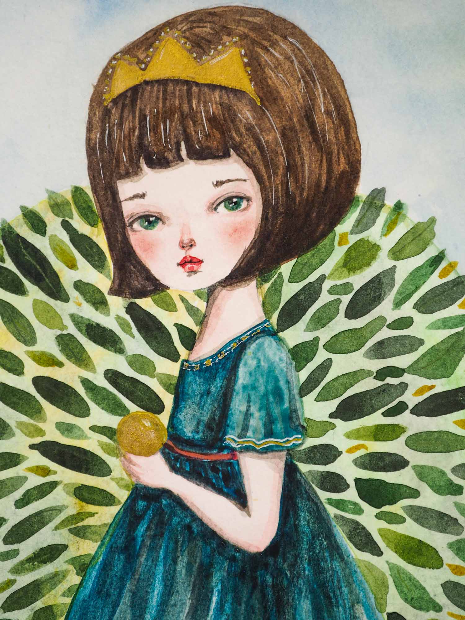 Danita made this beautiful watercolor illustration for her book EVER AFTER in collaboration with Tam Laporte, and now it is available to go to her forever when you adopt this watercolour painting. Made on a 9x12 inches watercolor paper, Princess Tiana is holding her gold ball in her hands, ready to play in a round tree while the faithful frog awaits to retrieve the gold ball when it falls into the pond.