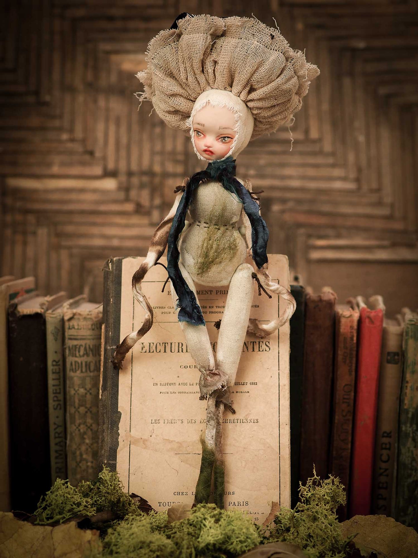 An original forest fairy mushroom fungi toadstool girl art doll handmade by Danita Art, using with original patterns, organic fabric dyed using only natural ingredients like avocado peels, walnuts and marigolds. Each mini art doll in this toy collection is a mini work of huggable fabric art that will be treasured by any collector of Danita's melancholic and fantastic work.
