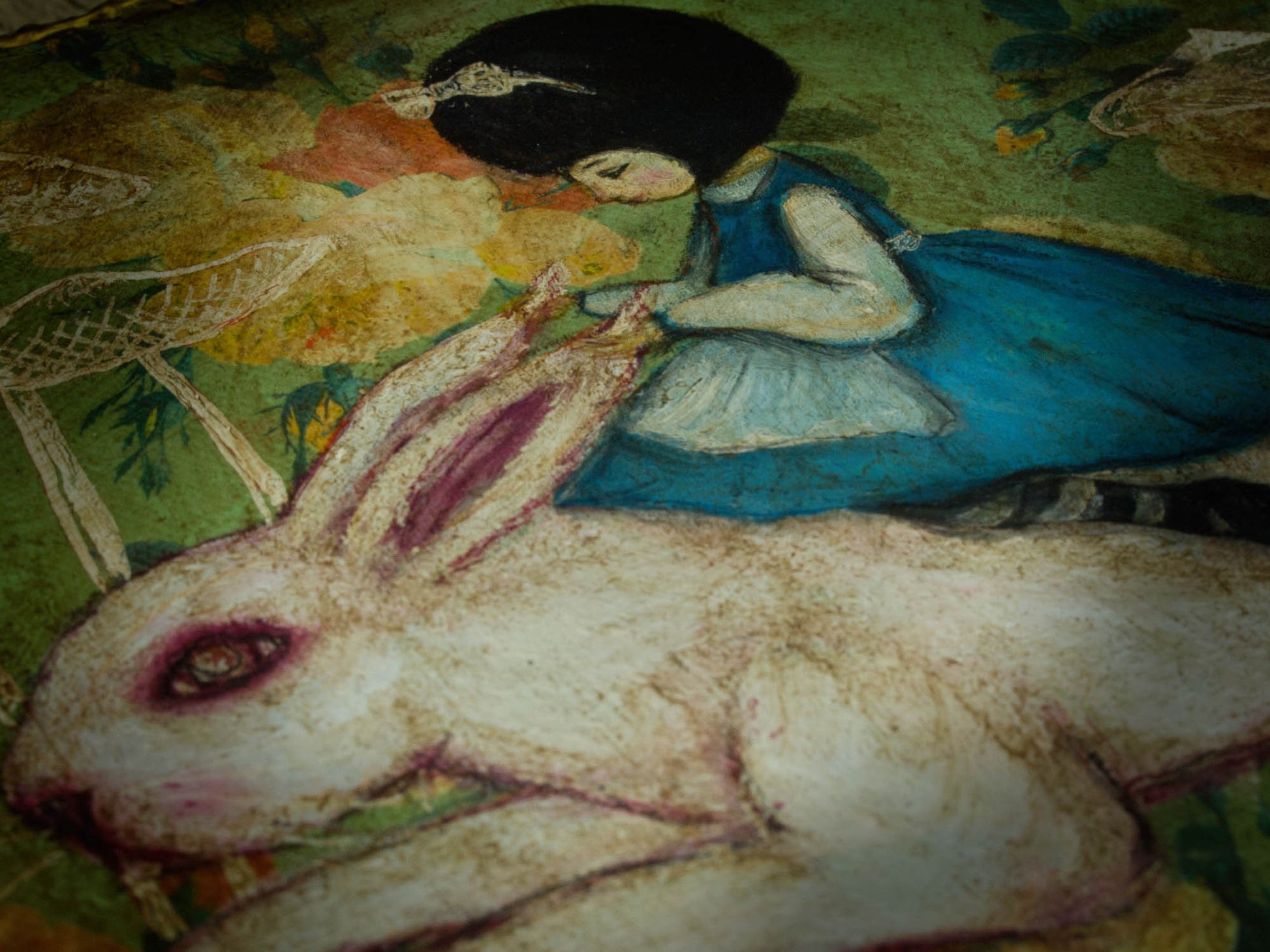 Alice finally caught up with the white rabbit on this surreal painting by Danita, and now they ride together in Wonderland, looking for new adventures for which they will never be late.