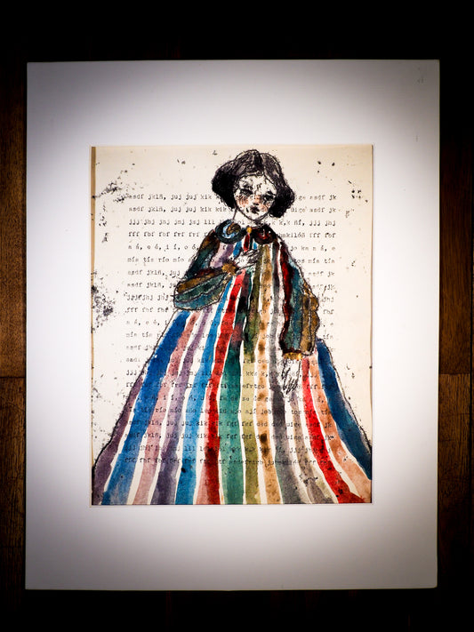 An original watercolor painting by Idania Salcido, the artist behind Danita Art.  This is a beautiful monoprint, a one of a kind ink and vintage paper original art, a hand drawn girl in ink, wearing a colorful watercolor dress on mid 20th century typewriting class exercise.