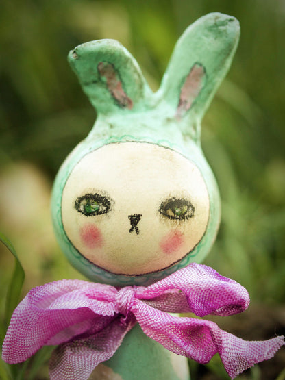 Friday, the green kokeshi Easter bunny, Miniature Dolls by Danita Art