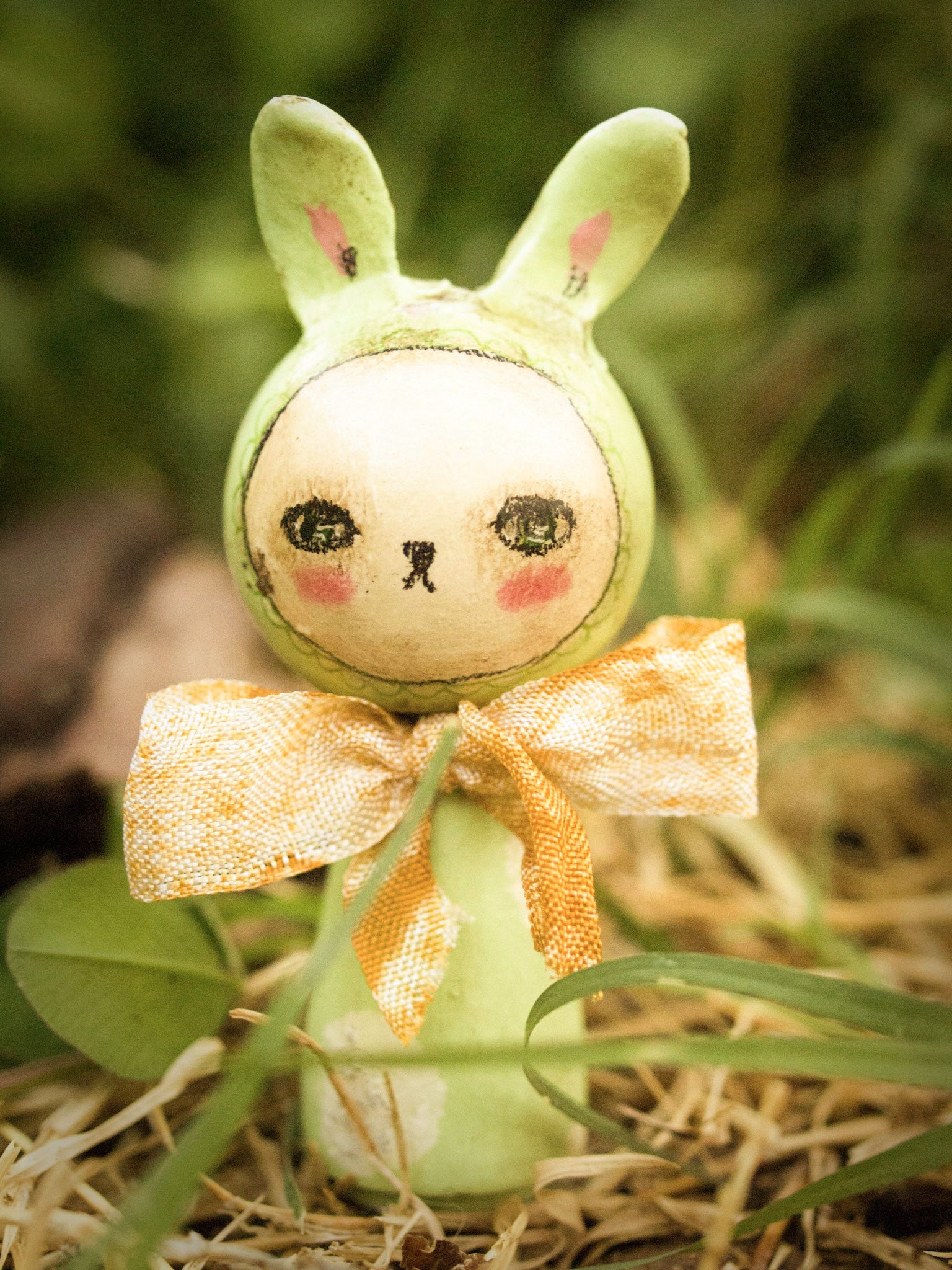 Beautiful handmade Easter bunny rabbit kokeshi art dolls are dwelling in the woods of Danita's fantasy land.