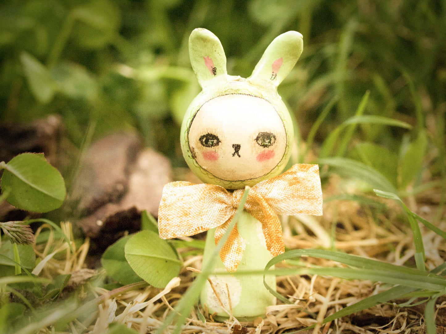 Beautiful handmade Easter bunny rabbit kokeshi art dolls are dwelling in the woods of Danita's fantasy land.