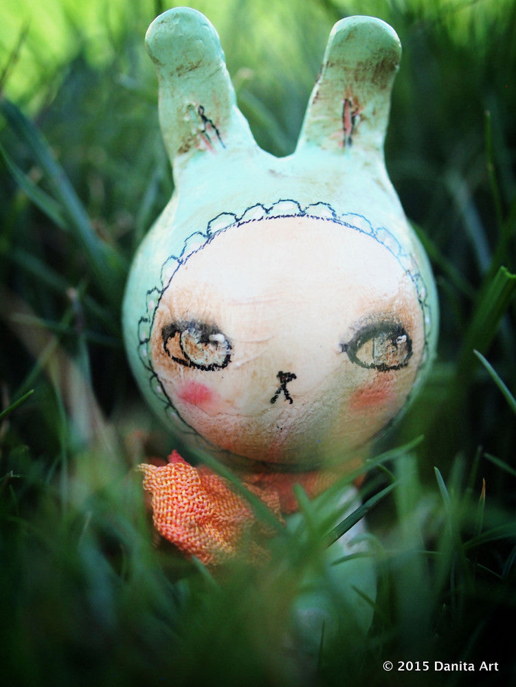 Aqua, the blue kokeshi Easter bunny, Miniature Dolls by Danita Art