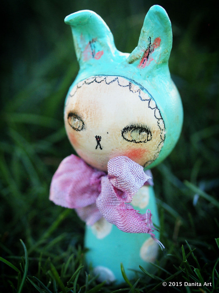 Turquoise, the blue kokeshi Easter bunny, Miniature Dolls by Danita Art