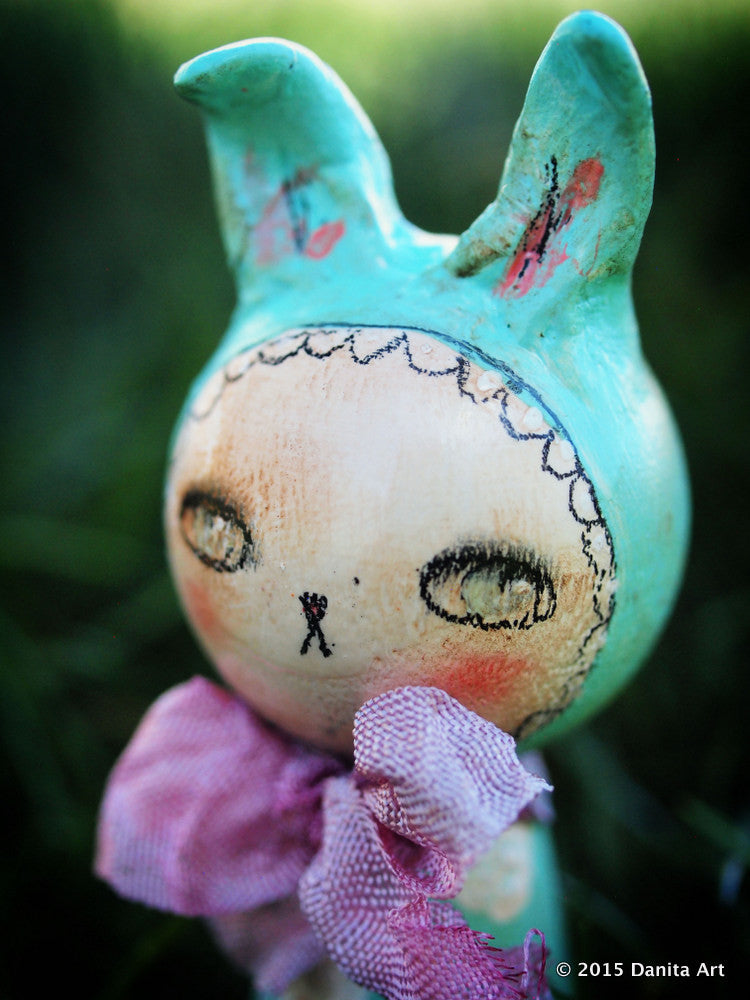 Turquoise, the blue kokeshi Easter bunny, Miniature Dolls by Danita Art