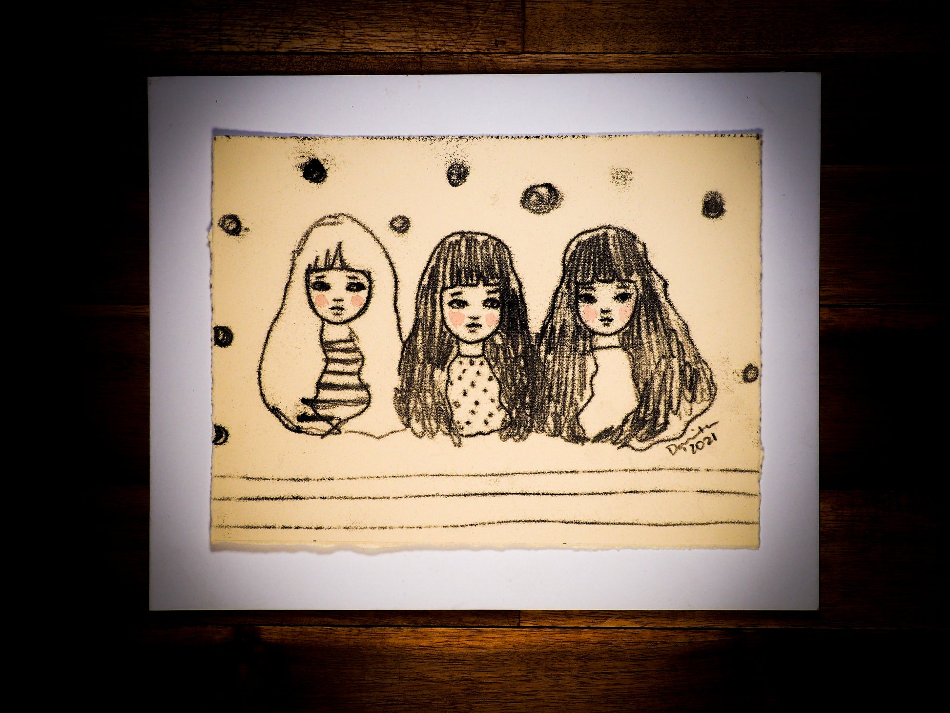 An original watercolor painting by Idania Salcido, the artist behind Danita Art.  This is a beautiful monoprint, a one of a kind ink and vintage paper original art creation depicting there girls, my sisters and me, painted on a mid 20th century ledger sheet with typewriter characters. 