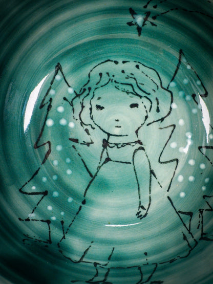 Ready for your Christmas candy and sweets, this original ceramic bowl from Idania Salcido, Danita Art is Handmade glazed ceramic bowl measures 4.5 inches in diameter, hand decorated by the artist with a winter illustration of a girl walking in the forest, just before Christmas, illuminated by the holiday comet star.