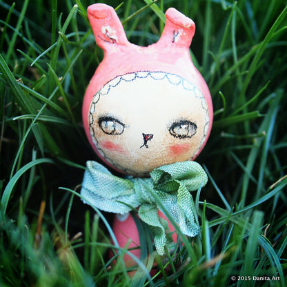 Pinkie Pie, the pink kokeshi Easter bunny, Miniature Dolls by Danita Art