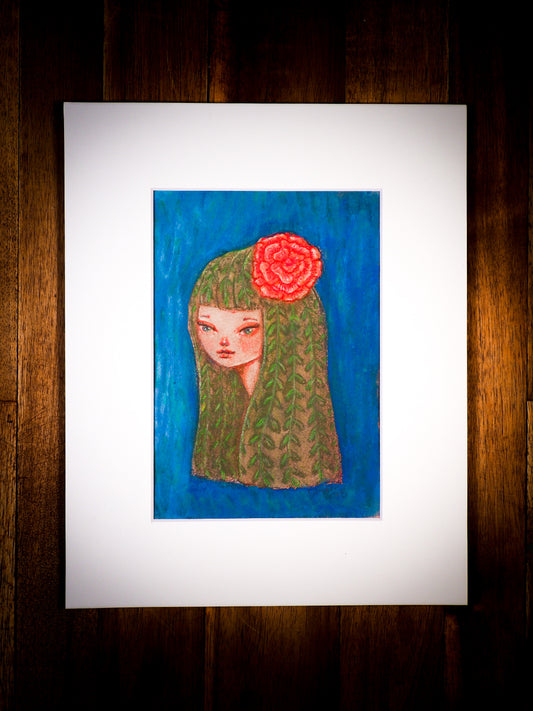 An original mixed media painting by Idania Salcido, the artist behind Danita Art.  This is a beautiful mixed media painting, A girl in touch with nature, she even has green hair with braids and a red flower in her hair. Painted with mixed media, pastels, acrylics and watercolors on watercolor paper.