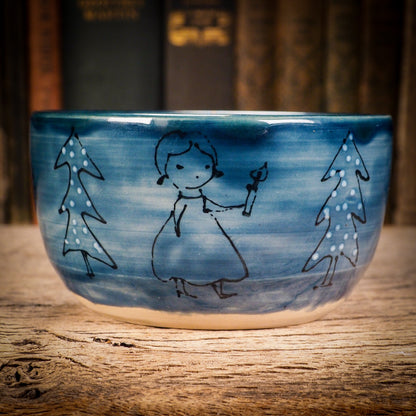 Ready for your Christmas candy and sweets, this original ceramic bowl from Idania Salcido, Danita Art is Handmade glazed ceramic bowl measures 4.5 inches in diameter, hand decorated by the artist with a winter illustration of three girls walking in the forest, just before Christmas.