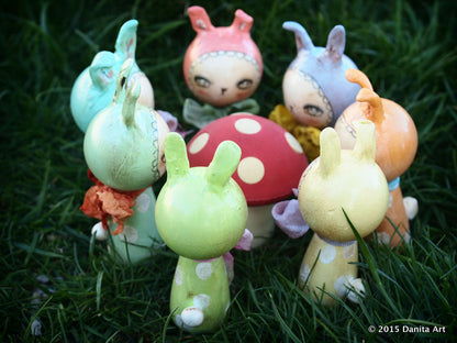 Pinkie Pie, the pink kokeshi Easter bunny, Miniature Dolls by Danita Art