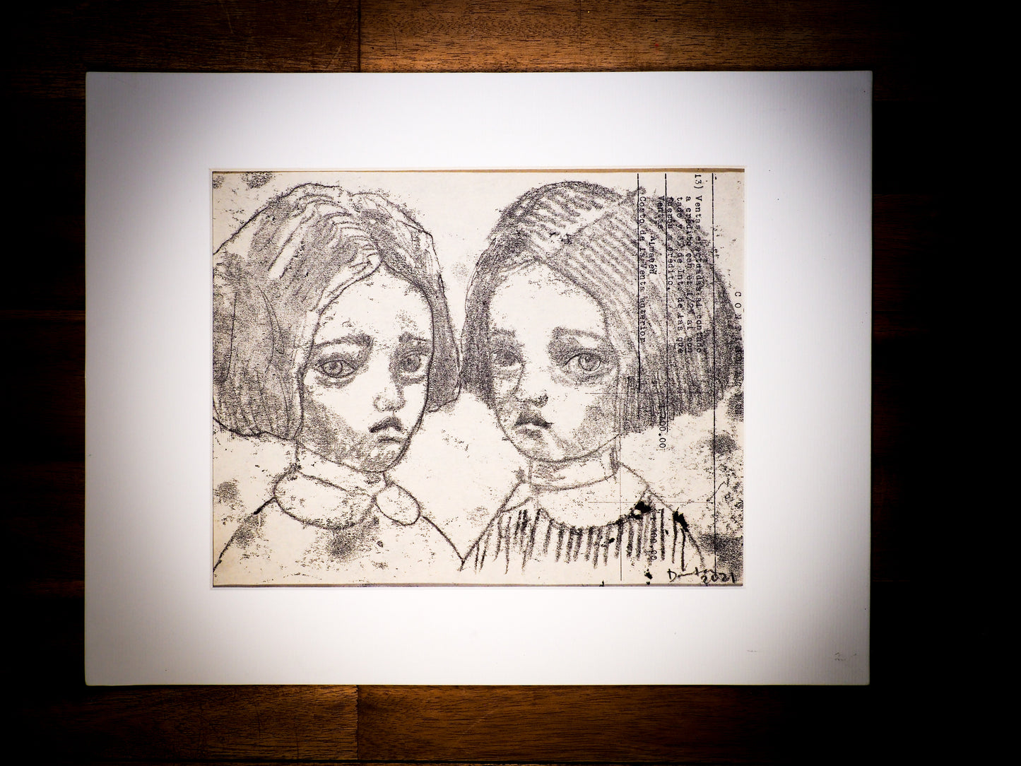 An original watercolor painting by Idania Salcido, the artist behind Danita Art.  This is a beautiful monoprint, a one of a kind ink and vintage paper original art creation with two girls and very stylized birds flying in the midsts of a mid 20th century ledger sheet with typewriter characters.