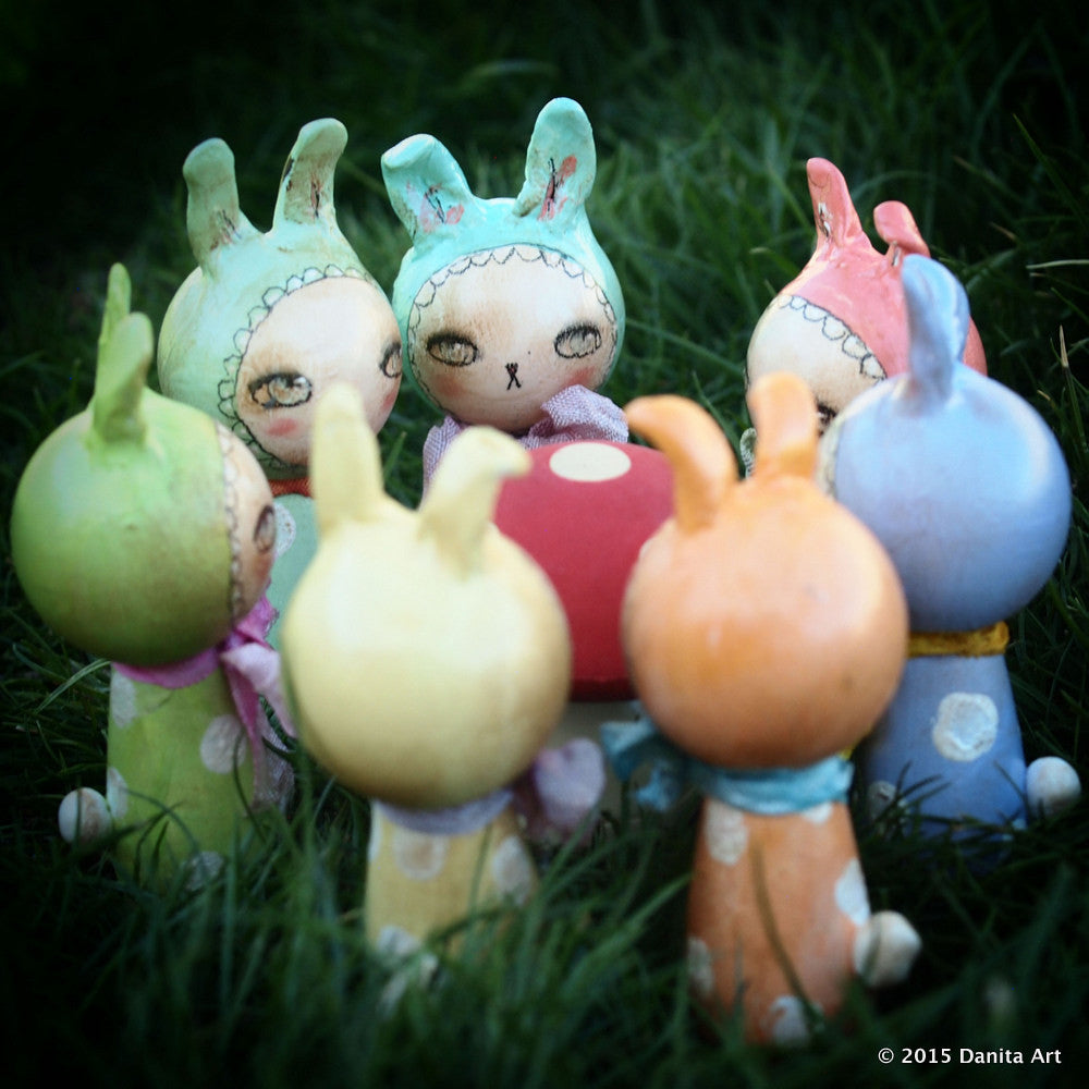 Lime, the green kokeshi Easter bunny, Miniature Dolls by Danita Art