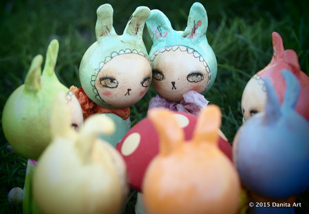 Lime, the green kokeshi Easter bunny, Miniature Dolls by Danita Art
