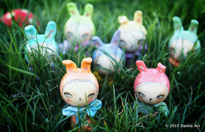 Lemon, the yellow kokeshi Easter bunny, Miniature Dolls by Danita Art