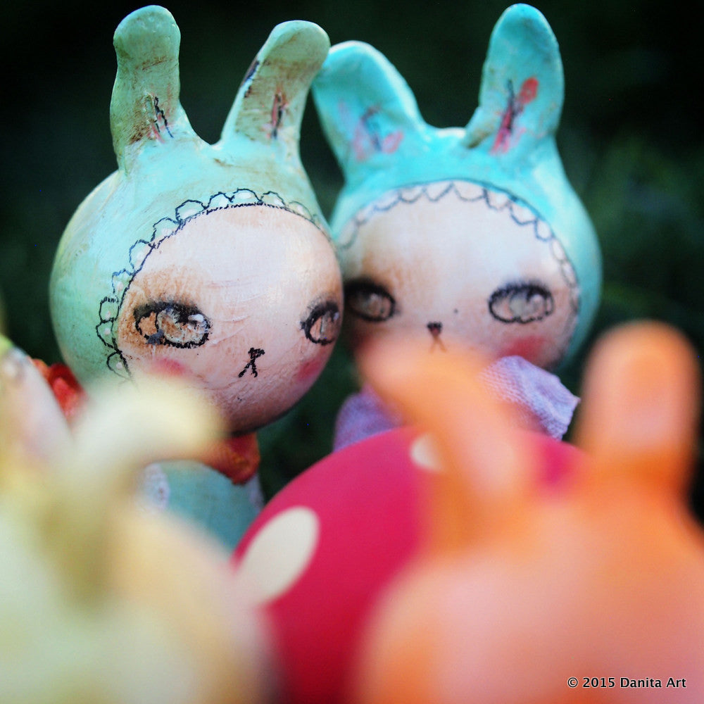 BOB. A purple polka dot Easter bunny rabbit kokeshi doll by Danita., Miniature Dolls by Danita Art