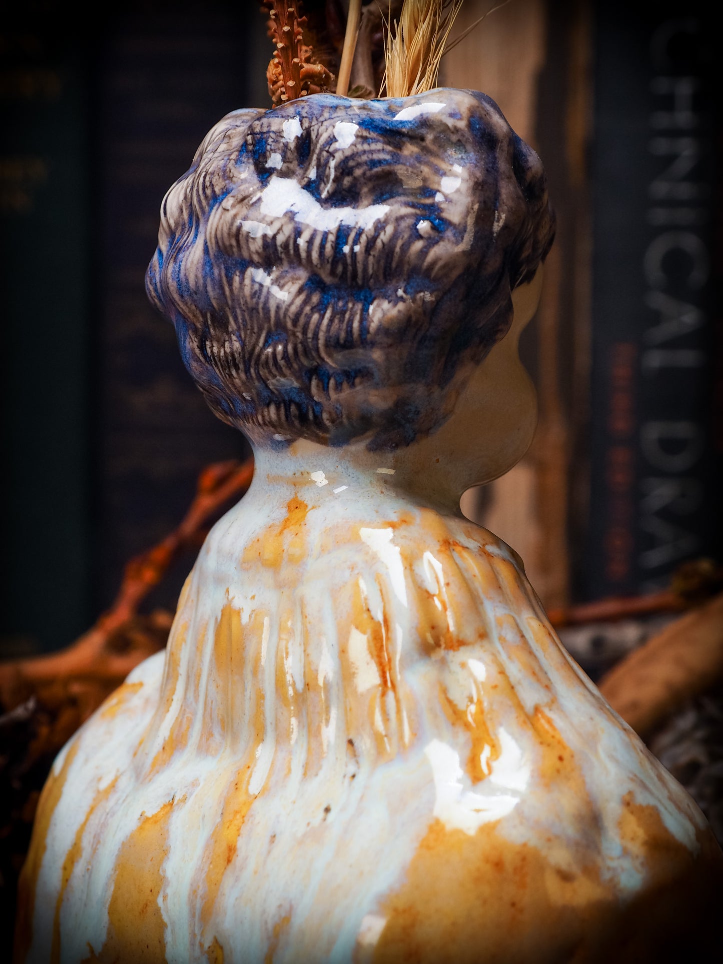 Original handmade ceramic flower vase,  artist brush and pencil holder by Idania Salcido, Danita Art. A honeycomb bee shaped statue with china doll head. Handmade touch to any artist's studio with handmade glazed ceramic good for watercolors acrylics inks and oil paints. Clean with water or mineral spirits.