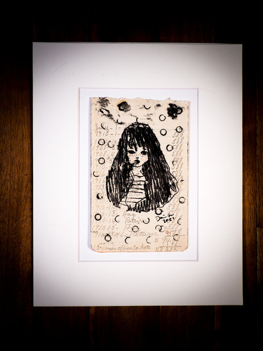 An original watercolor painting by Idania Salcido, the artist behind Danita Art.  This is a beautiful monoprint, a one of a kind ink and vintage paper original art, a self portrait painted on a mid 20th century notes sheet with handwritten characters in ink.