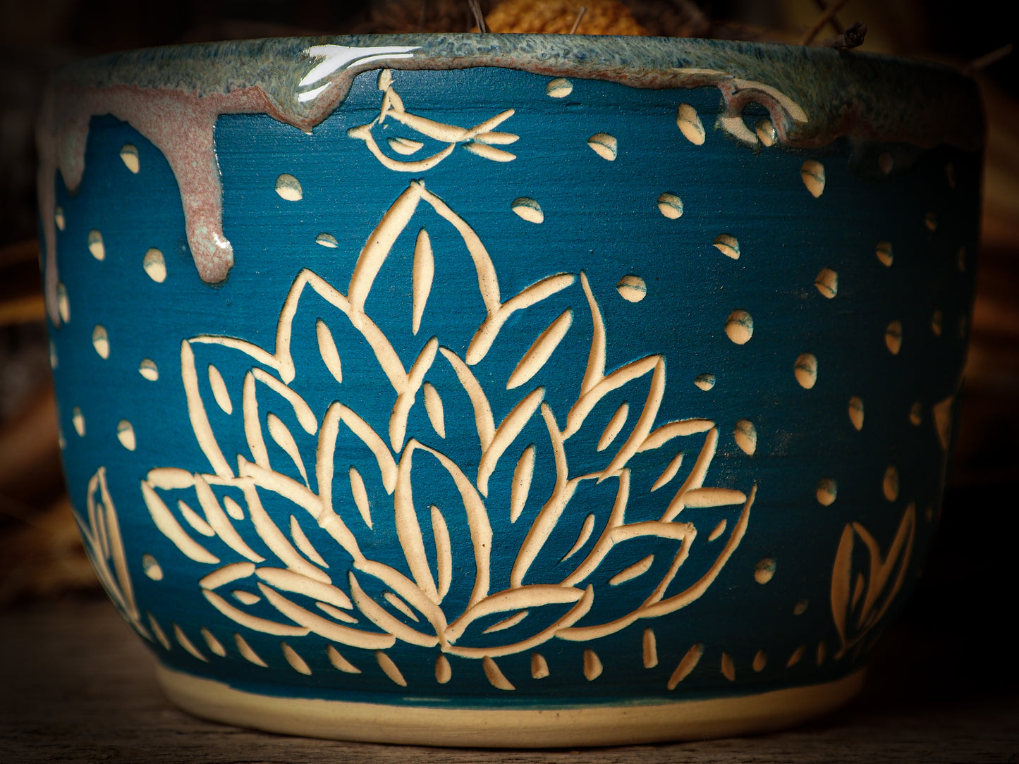 You are looking at original handmade fire glazed stoneware ceramic piece with sgraffito bird and peasant girl motifs in a deep aquamarine color by Idania Salcido, the artist behind Danita Art.  Each original Danita Art ceramics piece is unique and special and cannot be repeated. You are getting a one of a kind work of art to display, or use it as one of your favorite home decorations.