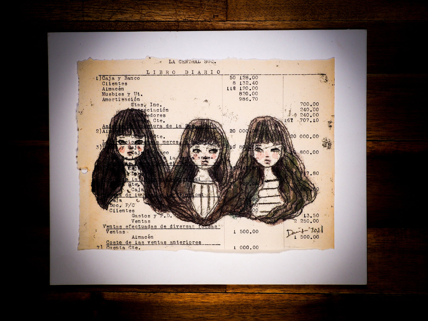 An original watercolor painting by Idania Salcido, the artist behind Danita Art.  This is a beautiful monoprint, a one of a kind ink and vintage paper original art creation depicting there girls, my sisters and me, painted on a mid 20th century ledger sheet with typewriter characters. 