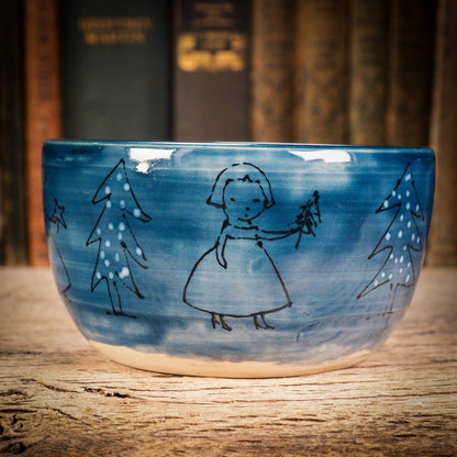 Ready for your Christmas candy and sweets, this original ceramic bowl from Idania Salcido, Danita Art is Handmade glazed ceramic bowl measures 4.5 inches in diameter, hand decorated by the artist with a winter illustration of three girls walking in the forest, just before Christmas.