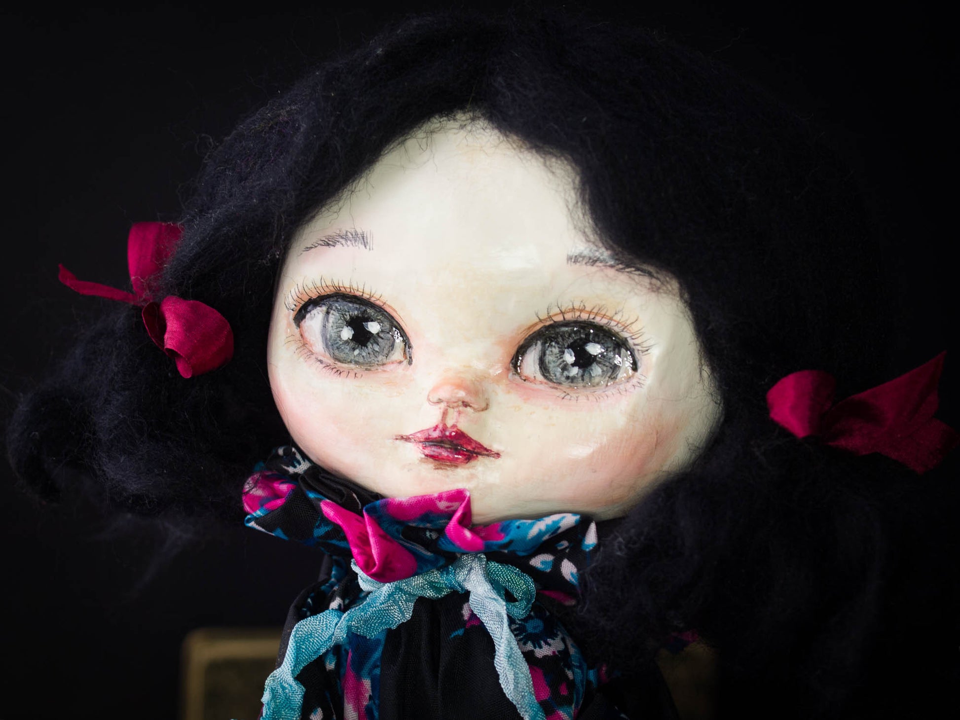 Pauline, a beautiful handmade art doll created by Danita Art with mixed media techniques, fabric and paper clay to create a sweet face with amazingly expressive blue eyes.