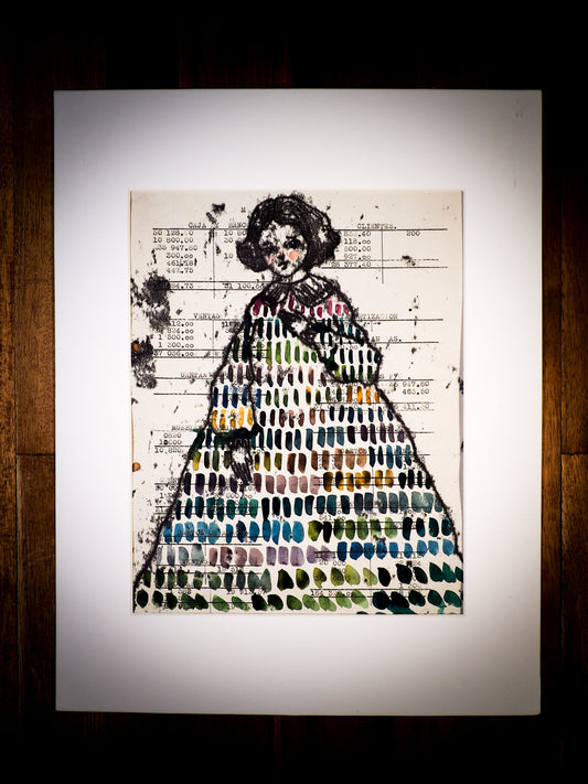 An original watercolor painting by Idania Salcido, the artist behind Danita Art.  This is a beautiful monoprint, a one of a kind ink and vintage paper original art, a hand drawn girl in ink, wearing a colorful watercolor dress on mid 20th century typewriting class exercise.
