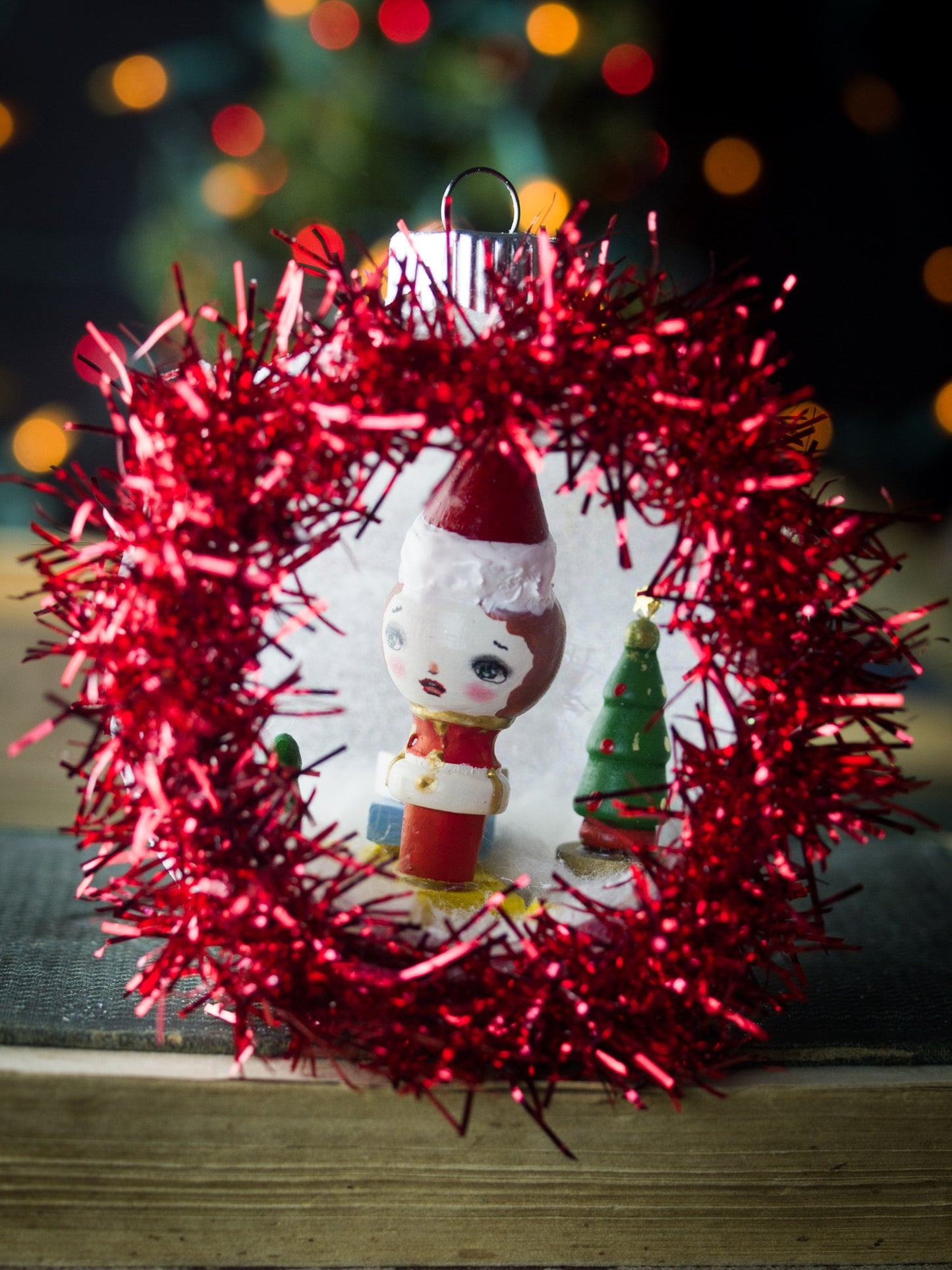 Handmade Christmas three ornament with Kokeshi miniature wooden art doll by Danita Art