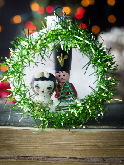 Handmade Christmas three ornament with Kokeshi miniature wooden art doll by Danita Art
