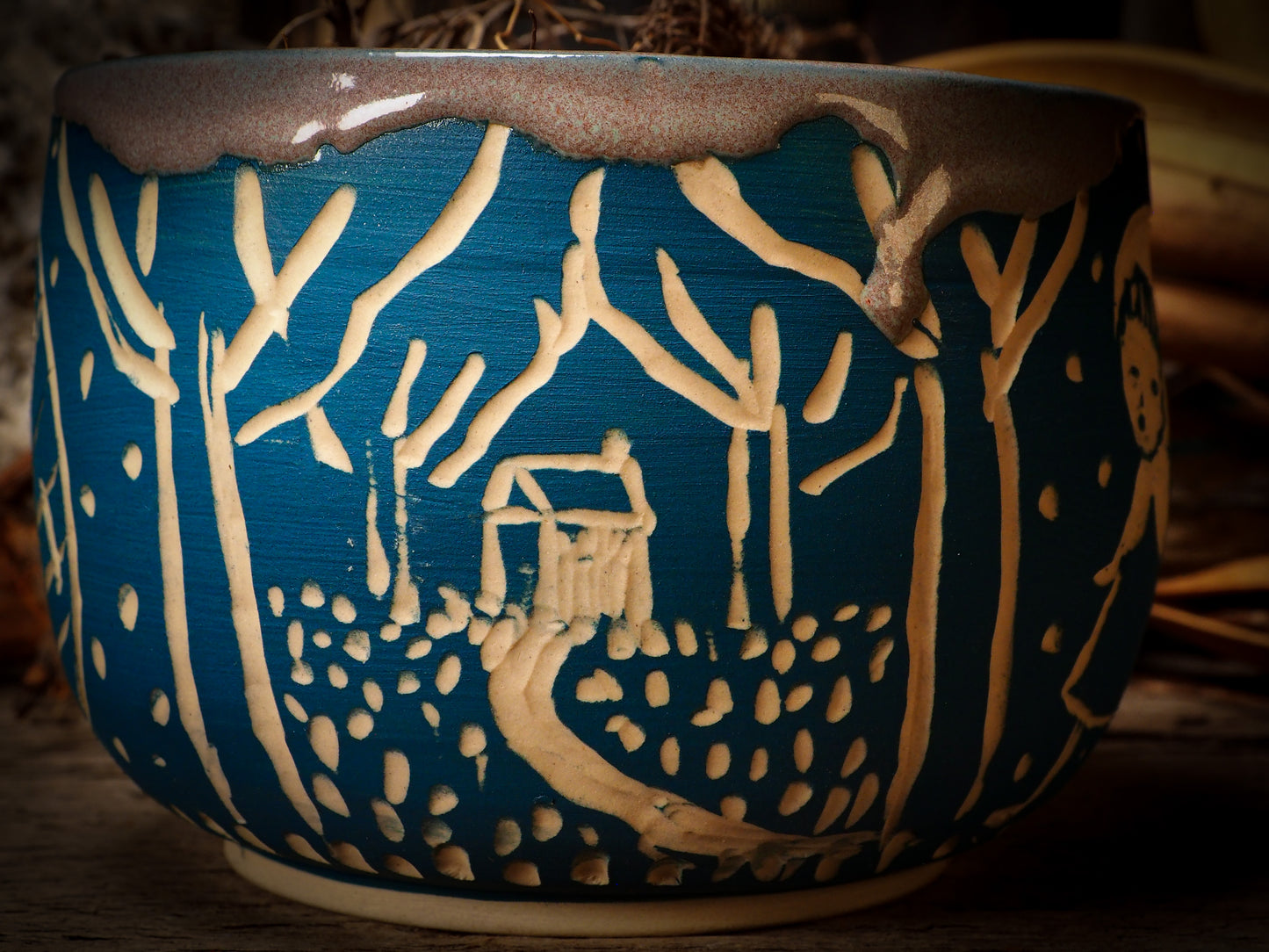 You are looking at original handmade fire glazed stoneware ceramic piece with sgraffito bird and peasant girl motifs in a deep aquamarine color by Idania Salcido, the artist behind Danita Art.  Each original Danita Art ceramics piece is unique and special and cannot be repeated. You are getting a one of a kind work of art to display, or use it as one of your favorite home decorations.