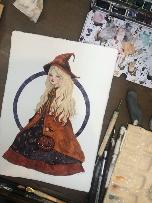 Beautiful original watercolor Halloween art by Danita. Inspired by vintage halloween postcards and photographs, this whimsical folk art inspired watercolor painting will be an amazing home decor accent.