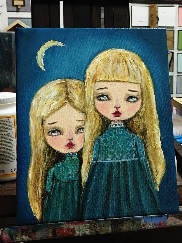 The daughters of the moon walk out at night, exploring under the watchful eyes of their pale mother on this original oil painting on canvas by Danita Art.