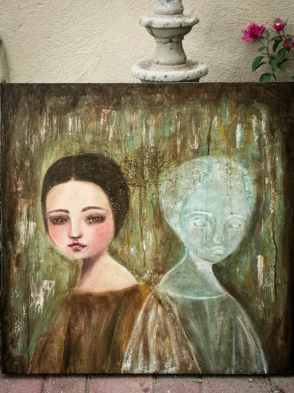An original acrylic, oil, pastel and mixed media painting by Danita Art. Painted on a wood panel, two women pose on a portrait, one is living, the other is a ghost from a distant past but they share love, family bonds and experiences. They are soul sisters.