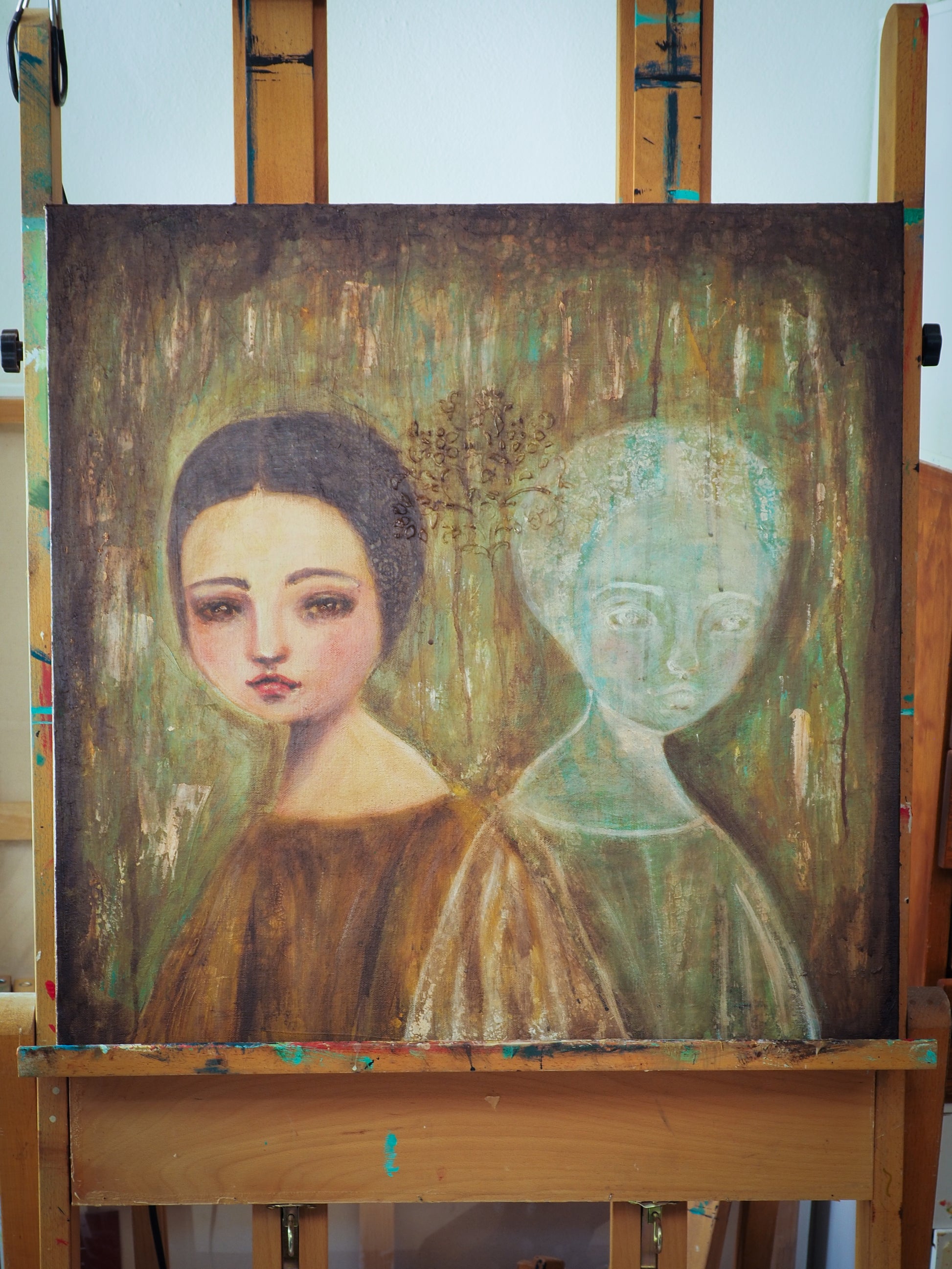 An original acrylic, oil, pastel and mixed media painting by Danita Art. Painted on a wood panel, two women pose on a portrait, one is living, the other is a ghost from a distant past but they share love, family bonds and experiences. They are soul sisters.