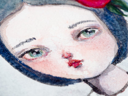 ELIZABETH. An original Danita watercolor painting of a girl with roses in her hair., Original Art by Danita Art