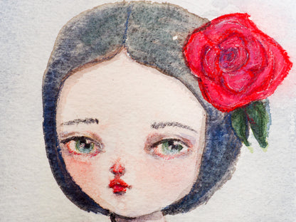 ELIZABETH. An original Danita watercolor painting of a girl with roses in her hair., Original Art by Danita Art