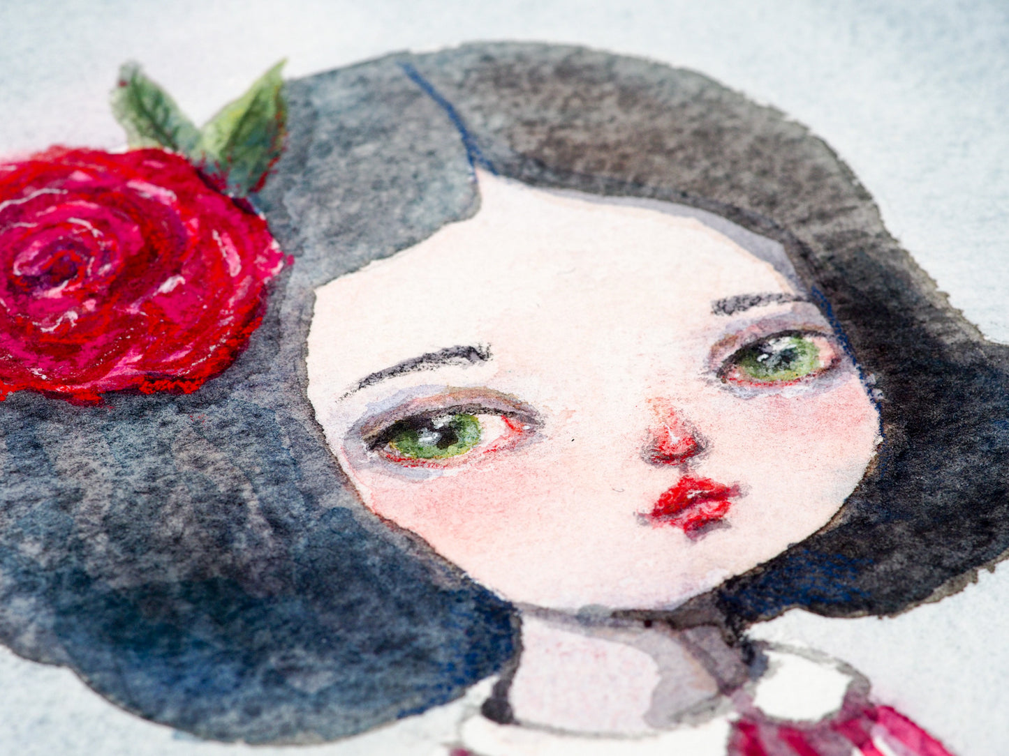 Watercolor original painting by Danita. A pale girl with a red rose in her hair.