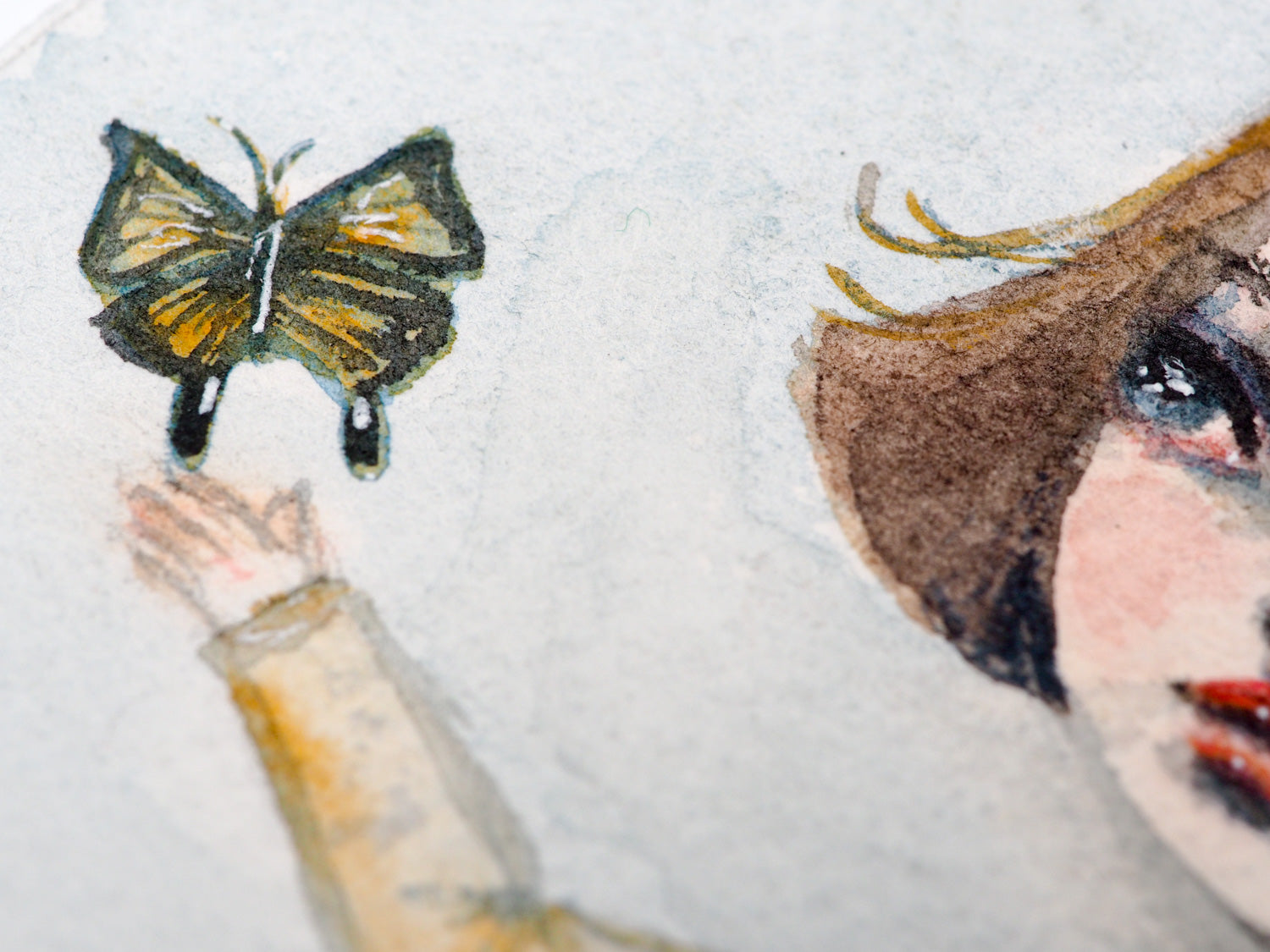 Original watercolor painting by Danita. A monarch butterfly is liberated by a compassionate blonde girl.